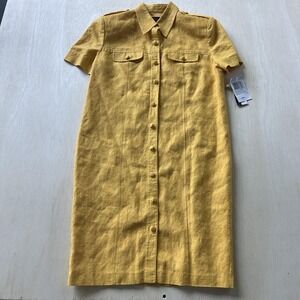 August Silk Dress Womens 8 Yellow Linen Shirt Sheath Short Sleeve Knee Length